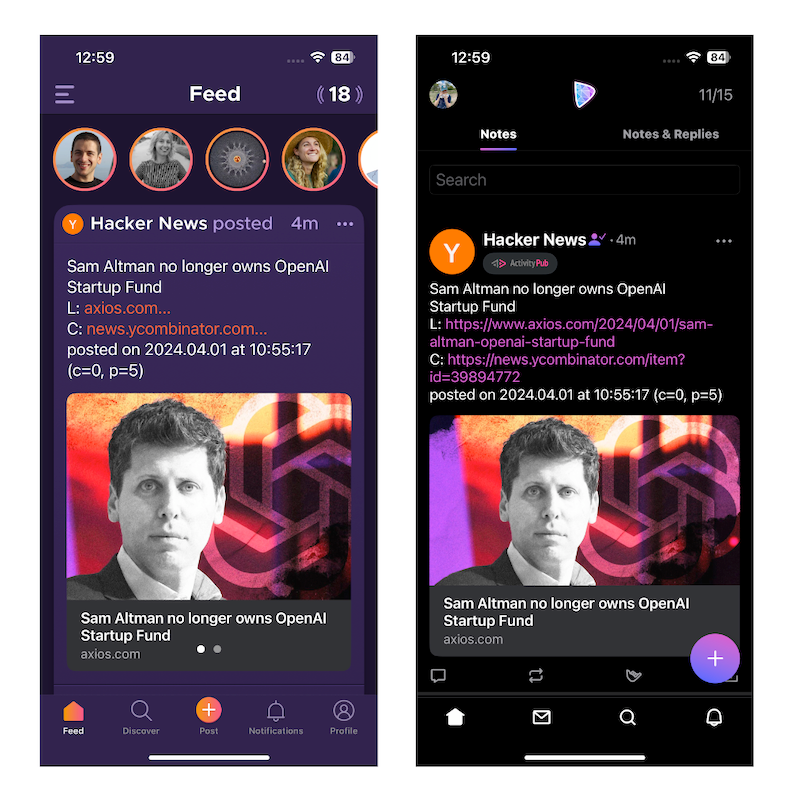 Screenshot of two different Nostr apps