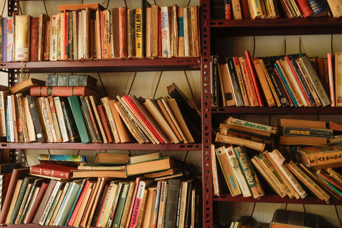 A bookshelf full of old, mass market paperbacks.
