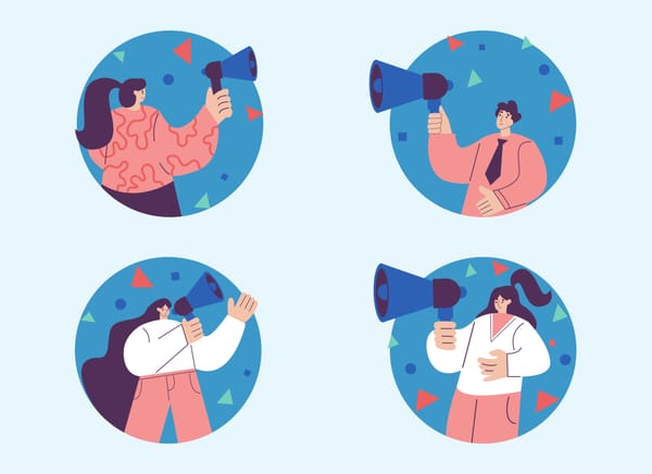 Illustration of lots of friendly people with megaphones