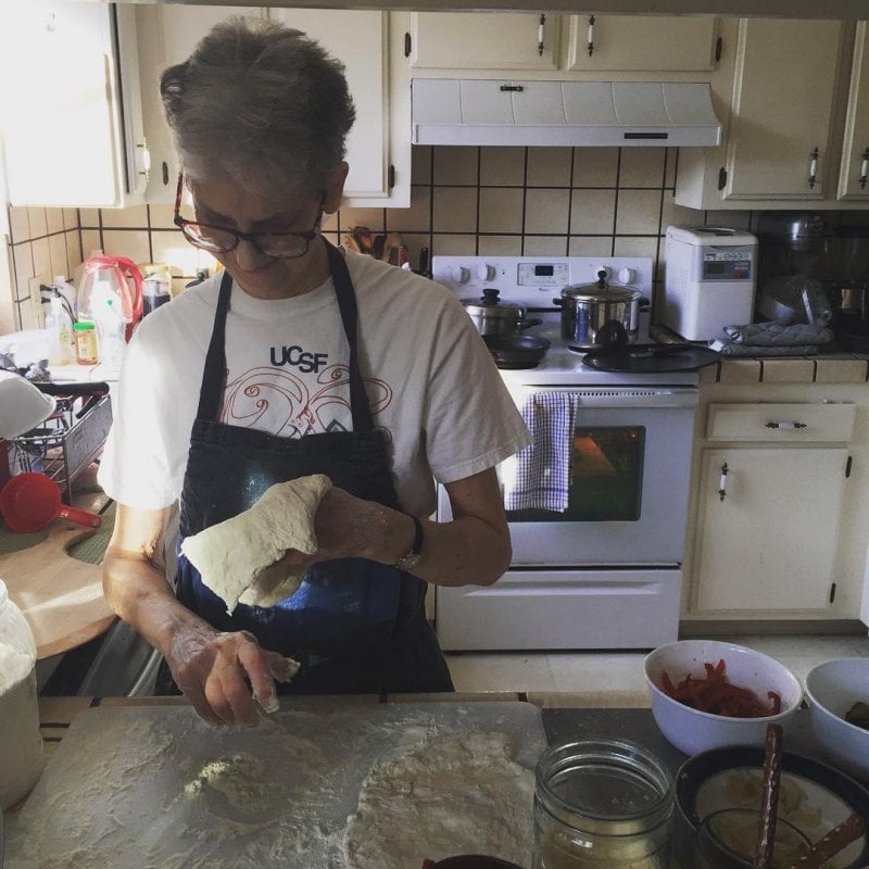 Ma is making homemade pizza.