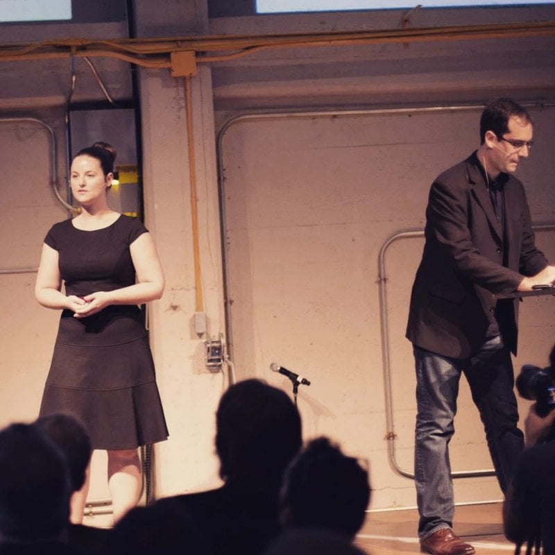 Two years ago today: a vignette of us on stage at Folsom Street Foundry, introducing a new community platform for education. (Photo: @mattervc)