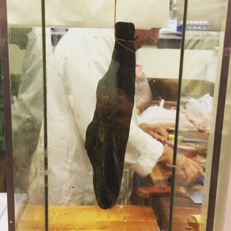 This is the oldest ham in the world. It came to England in 1892 from Chicago, and was hung in Leeds until 1958, when its owner's office was destroyed by fire. A note beside it reads: "It is possibly still edible, although not guaranteed."