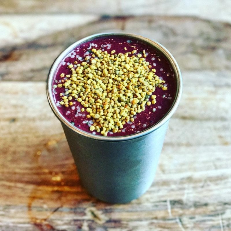 Why yes, that is a bee pollen smoothie. 
