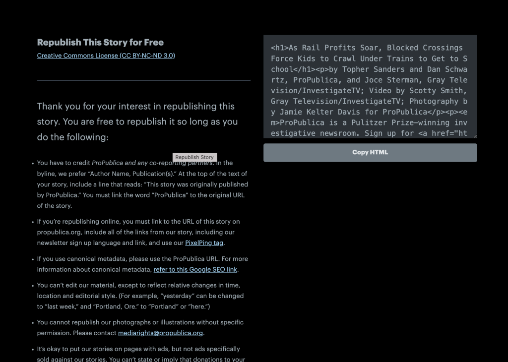 ProPublica's republishing dashboard