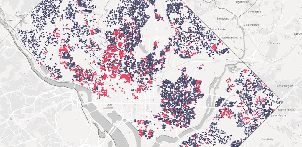 A map of slow internet neighborhoods in Washington DC, by The Markup