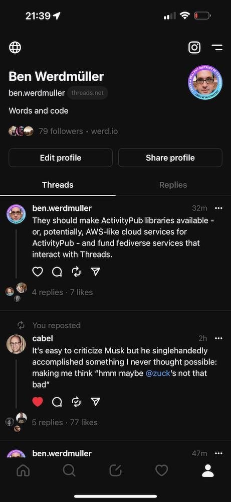 A screenshot from Meta's new Threads app