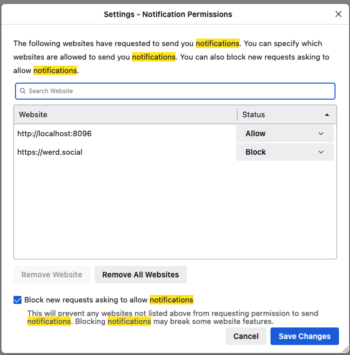 Firefox settings panel showing how to block all web notifications