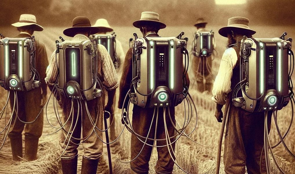 Farmers with cybernetic backpacks